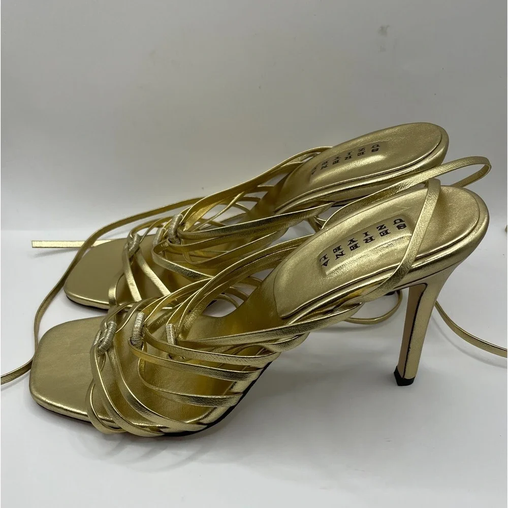 Serena Uziyel Catena Notte Metallic Gold Leather Lace Up Sandals Size EU 39 NWOB